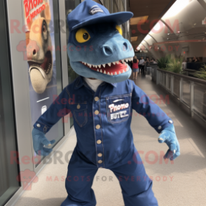 Navy T Rex mascot costume character dressed with a Denim Shirt and Cufflinks