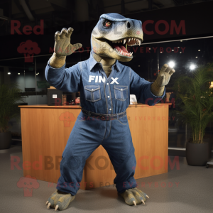 Navy T Rex mascot costume character dressed with a Denim Shirt and Cufflinks