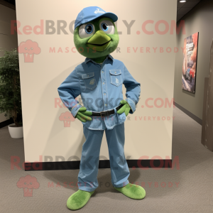 Green Blue Jay mascot costume character dressed with a Denim Shirt and Lapel pins