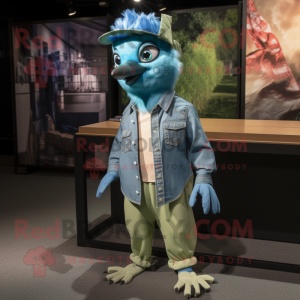 Green Blue Jay mascot costume character dressed with a Denim Shirt and Lapel pins