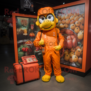 Orange Pad Thai mascot costume character dressed with a Jumpsuit and Wallets