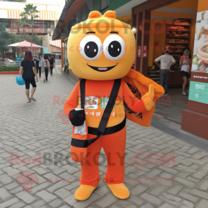 Orange Pad Thai mascot costume character dressed with a Jumpsuit and Wallets