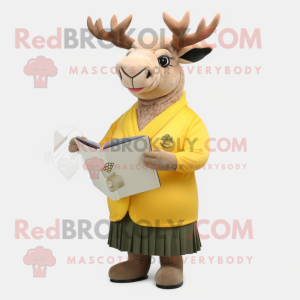 Yellow Irish Elk mascot costume character dressed with a Wrap Dress and Reading glasses