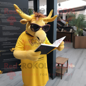 Yellow Irish Elk mascot costume character dressed with a Wrap Dress and Reading glasses