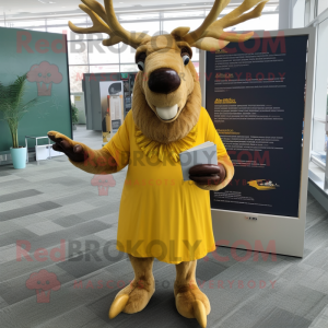 Yellow Irish Elk mascot costume character dressed with a Wrap Dress and Reading glasses