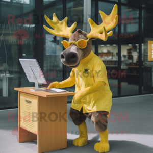 Yellow Irish Elk mascot costume character dressed with a Wrap Dress and Reading glasses