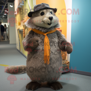 Gray Marmot mascot costume character dressed with a Dress and Cummerbunds