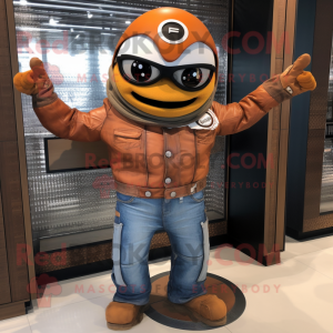 Rust Plate Spinner mascot costume character dressed with a Moto Jacket and Wraps