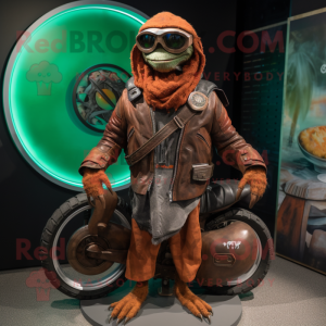 Rust Plate Spinner mascot costume character dressed with a Moto Jacket and Wraps