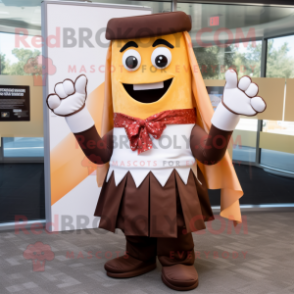 Brown Enchiladas mascot costume character dressed with a Skirt and Bow ties