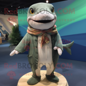 Olive Shark mascot costume character dressed with a Cardigan and Shawl pins