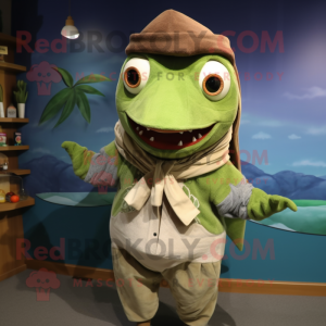 Olive Shark mascot costume character dressed with a Cardigan and Shawl pins