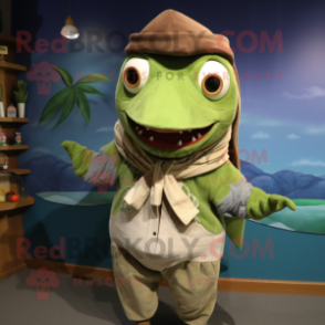 Olive Shark mascot costume character dressed with a Cardigan and Shawl pins