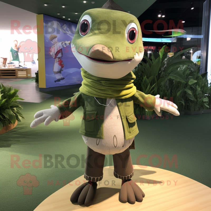 Olive Shark mascot costume character dressed with a Cardigan and Shawl pins Olive Shark mascot costume character dressed with a Cardigan and Shawl pins