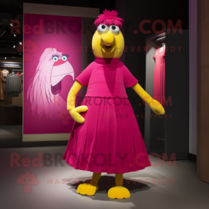 Magenta Canary mascot costume character dressed with a Empire Waist Dress and Foot pads