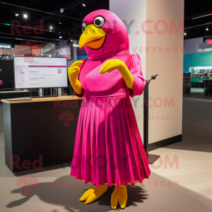 Magenta Canary mascot costume character dressed with a Empire Waist Dress and Foot pads