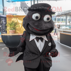 Black Fish And Chips mascot costume character dressed with a Blouse and Tie pins