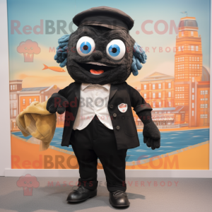 Black Fish And Chips mascot costume character dressed with a Blouse and Tie pins