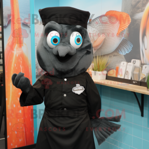 Black Fish And Chips mascot costume character dressed with a Blouse and Tie pins