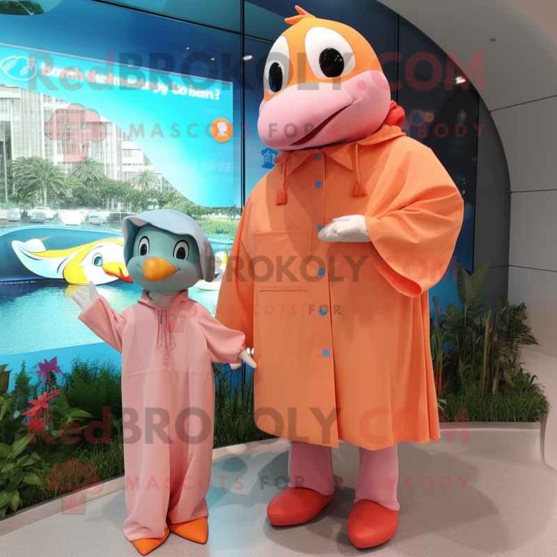 Peach Dolphin mascot costume character dressed with a Raincoat and Watches Peach Dolphin mascot costume character dressed with a Raincoat and Watches