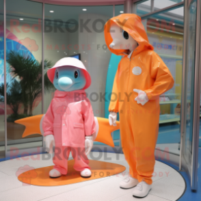 Peach Dolphin mascot costume character dressed with a Raincoat and Watches