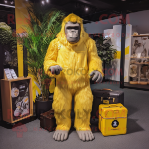 Lemon Yellow Gorilla mascot costume character dressed with a Romper and Tote bags
