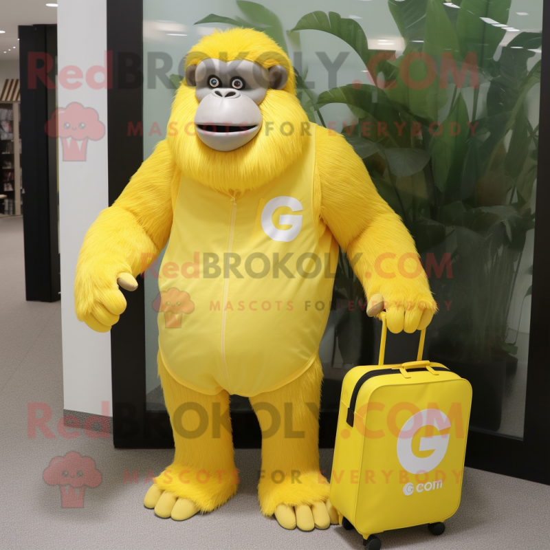 Lemon Yellow Gorilla mascot costume character dressed with a Romper and Tote bags