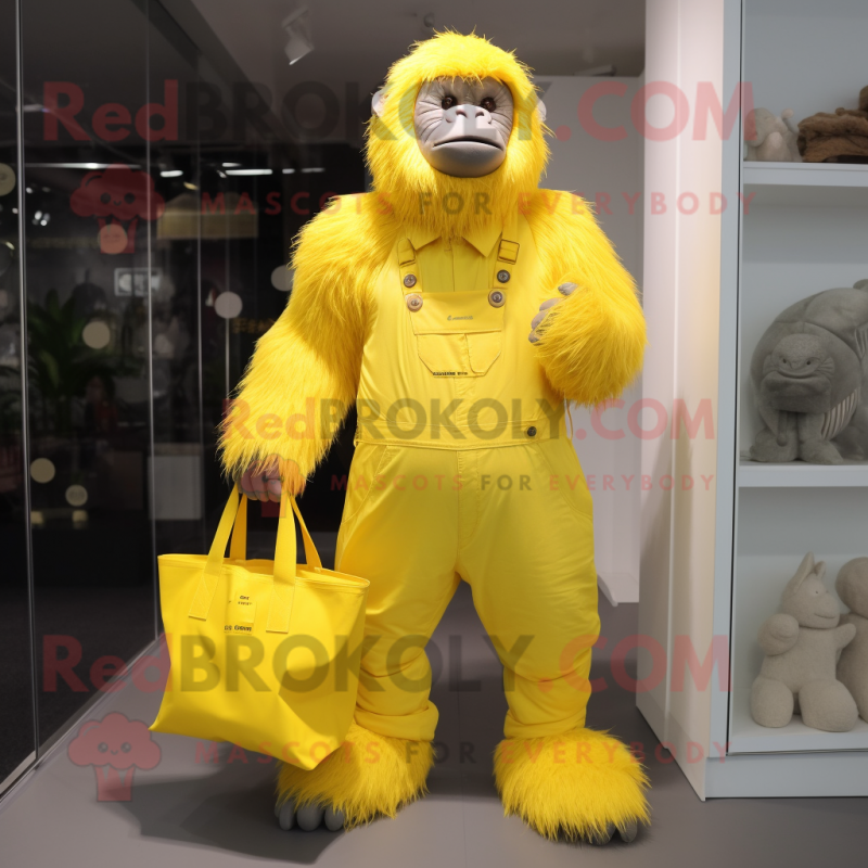 Lemon Yellow Gorilla mascot costume character dressed with a Romper and Tote bags