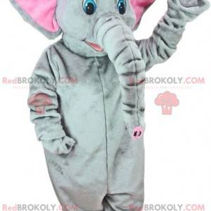 Mascotte d'éléphant gris et rose aux yeux bleus - Redbrokoly.com