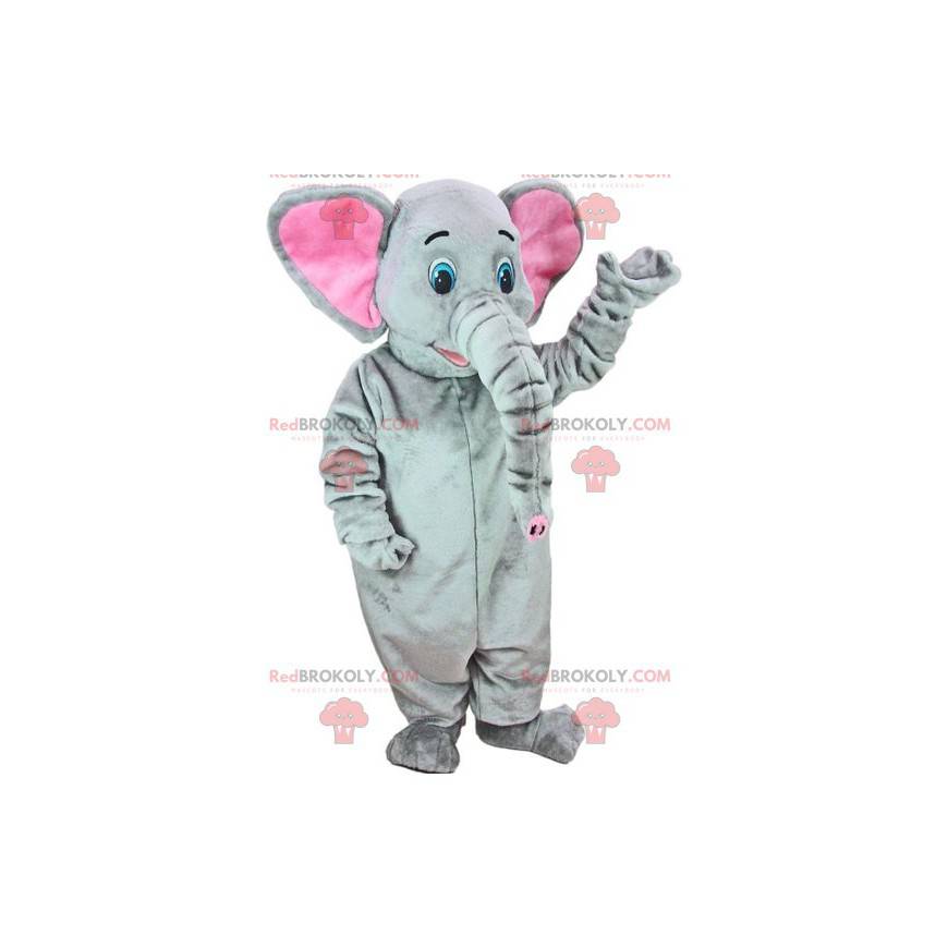 Grå og rosa elefantmaskot med blå øyne - Redbrokoly.com