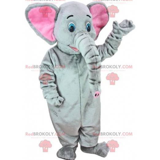 Grå og rosa elefantmaskot med blå øyne - Redbrokoly.com