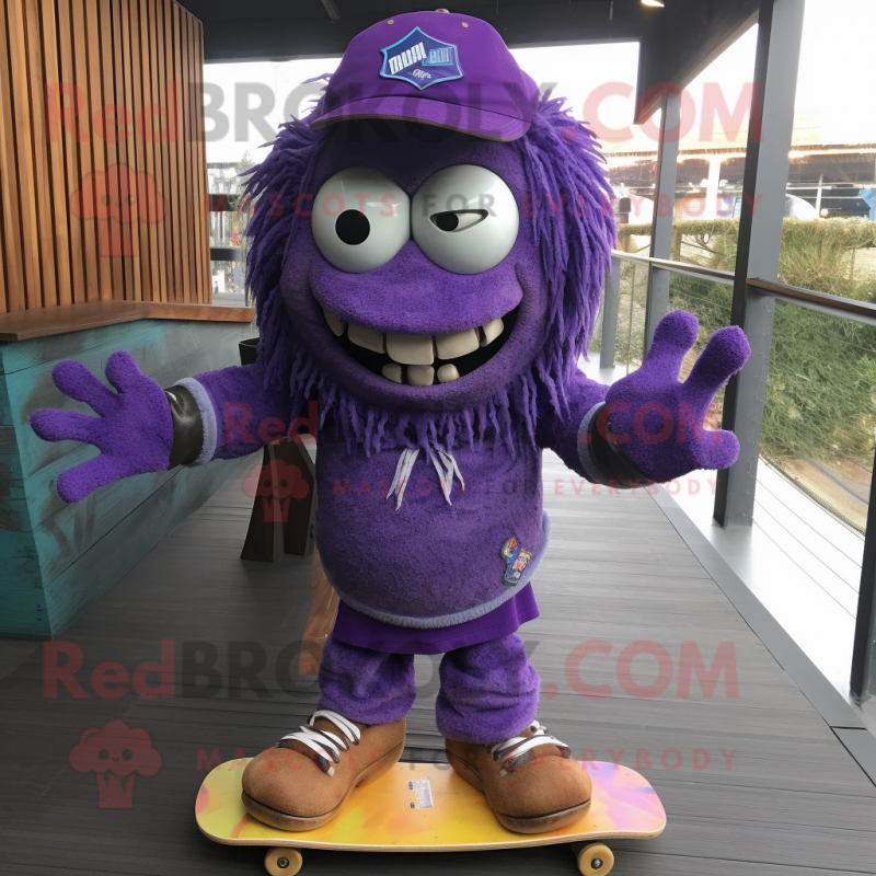 Purple Skateboard mascot costume character dressed with a Jacket and Hairpins