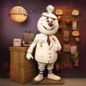 Cream Plum mascot costume character dressed with a Henley Tee and Lapel pins