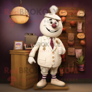 Cream Plum mascot costume character dressed with a Henley Tee and Lapel pins