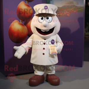 Cream Plum mascot costume character dressed with a Henley Tee and Lapel pins