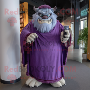 Purple Ogre mascot costume character dressed with a Dress Shirt and Shawls