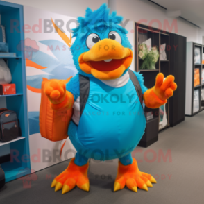 Cyan Chicken Parmesan mascot costume character dressed with a Bodysuit and Backpacks