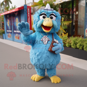 Blue Fried Chicken mascot costume character dressed with a Bermuda Shorts and Keychains