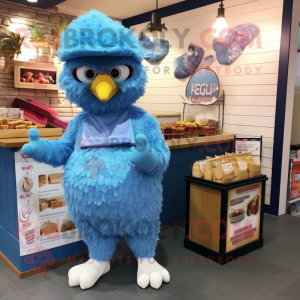 Blue Fried Chicken mascot costume character dressed with a Bermuda Shorts and Keychains