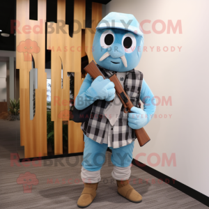 Sky Blue Sniper mascot costume character dressed with a Flannel Shirt and Scarves