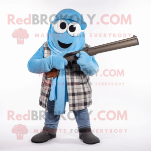 Sky Blue Sniper mascot costume character dressed with a Flannel Shirt and Scarves