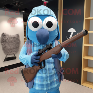 Sky Blue Sniper mascot costume character dressed with a Flannel Shirt and Scarves