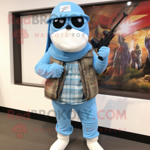 Sky Blue Sniper mascot costume character dressed with a Flannel Shirt and Scarves