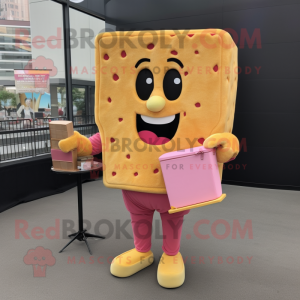 Pink Grilled Cheese Sandwich mascot costume character dressed with a Jumpsuit and Wallets