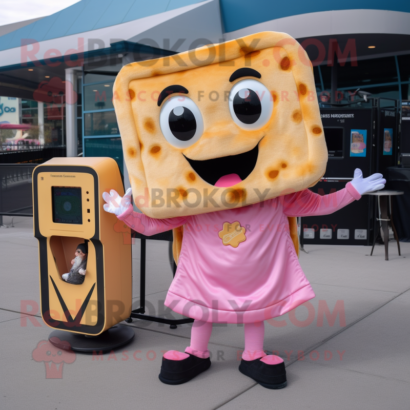 Pink Grilled Cheese Sandwich mascot costume character dressed with a Jumpsuit and Wallets