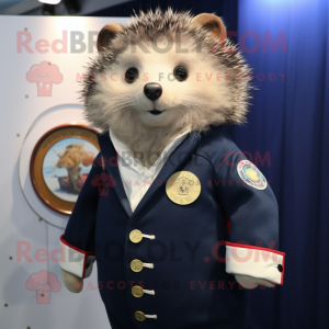 Navy Hedgehog mascot costume character dressed with a Waistcoat and Coin purses