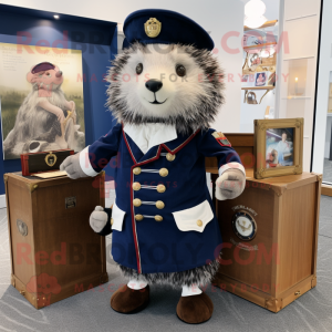 Navy Hedgehog mascot costume character dressed with a Waistcoat and Coin purses