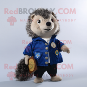 Navy Hedgehog mascot costume character dressed with a Waistcoat and Coin purses