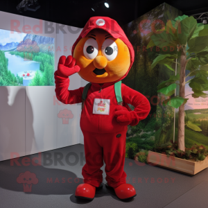 Red Apple mascot costume character dressed with a Dungarees and Gloves