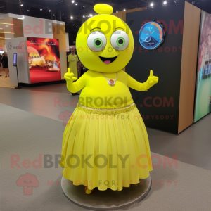 Lemon Yellow Juggle mascot costume character dressed with a Maxi Skirt and Smartwatches